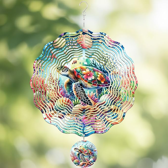 Metal Wind Spinners Outdoor - Sea Turtle Gifts 3D Hanging Wind Spinner Patio Lawn Garden Yard Decor 12 Inch Kinetic Spinning Ornaments Stainless Steel Art Sculpture Gift for Women Mom Grandma