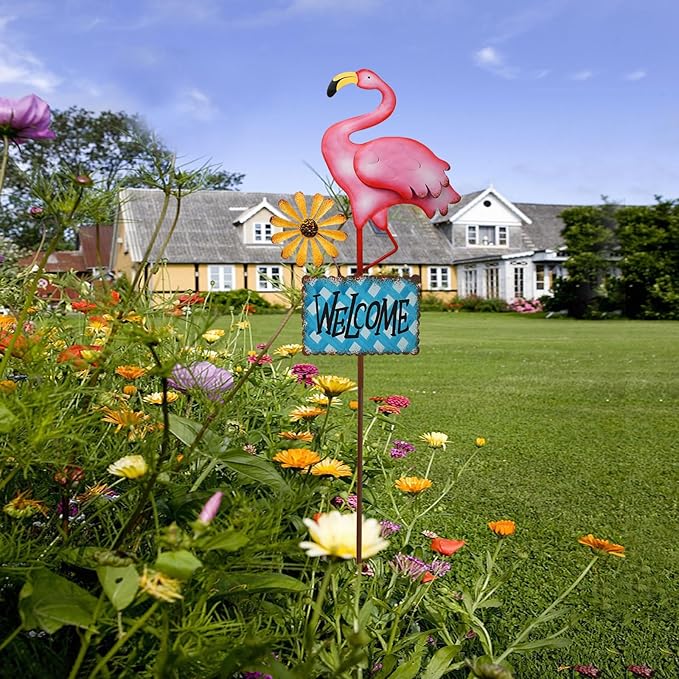 Metal Flamingo Garden Stakes Welcome Yard Sign Decorative Pink Flamingos Ornament Indoor Outdoor Party Stake Lawn Art Patio Backyard Flower Bed Decor (Blue, L)