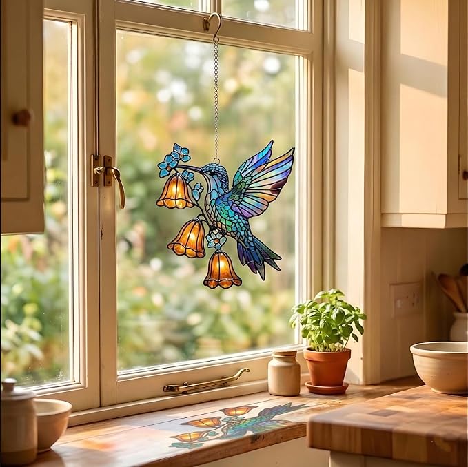 Hummingbird with Flowers Handmade Resin Suncatchers, Artisan Suncatcher Stained Glass Effect Hummingbird Ornaments Window Hanging Garden Decor, Gifts for Mother's Day, Mom, Grandma, Wife, Women