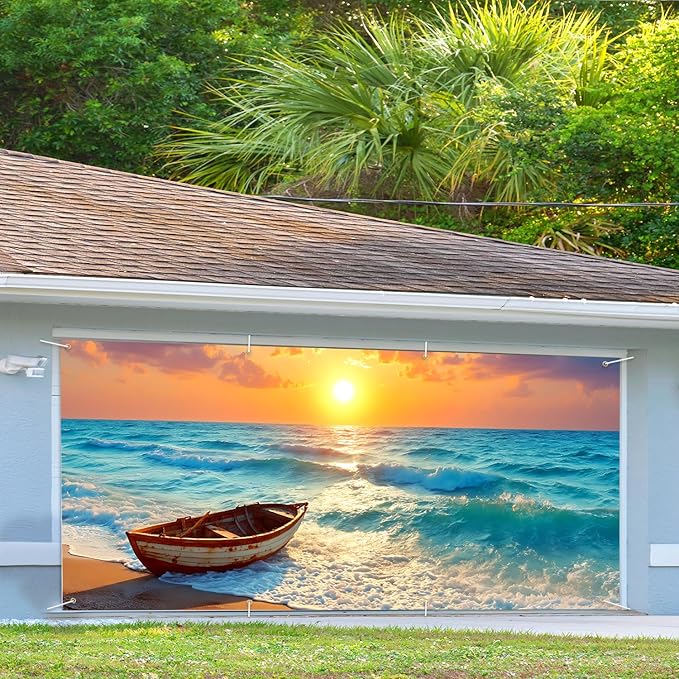 13x6 ft Peaceful Lake Rowboat Garage Door Banner - Scenic Mountain Lake Sunset Backdrop, Hanging Garage Decor - for Thanksgiving Fall Outdoor Background Sign, Rustic Cabin Wall Art Decor