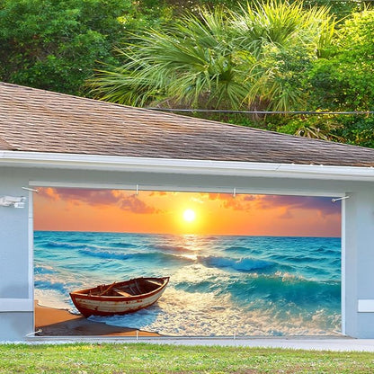 13x6 ft Peaceful Lake Rowboat Garage Door Banner - Scenic Mountain Lake Sunset Backdrop, Hanging Garage Decor - for Thanksgiving Fall Outdoor Background Sign, Rustic Cabin Wall Art Decor