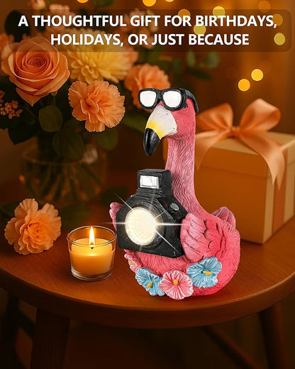 GoGnome Solar Flamingo Garden Statue with Camera Light – 5.5in Tall Solar Powered Outdoor Figurine for Yard, Patio, Balcony – Funny Garden Decor, Gift for Women (Flamingo)