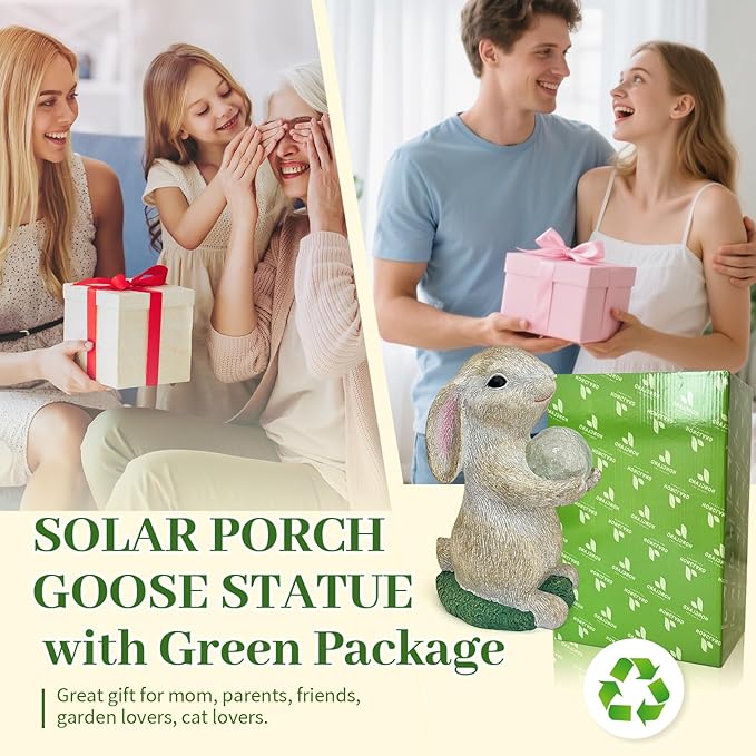 Solar Rabbit Garden Statue Outdoor Decor, Bunny Figurines with Solar Lights, Yard Decorations for Patio Balcony Yard Lawn Ornament - Unique Birthday Easter Housewarming Gifts for Women, Mom, Grandma