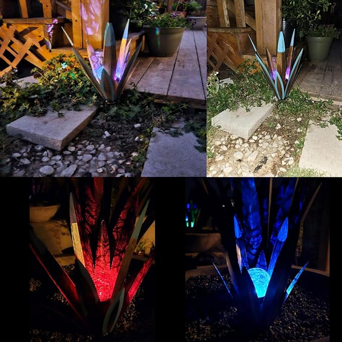 Jesokiibo 2pcs Tequila Sculpture Metal Agave Plant Home Decor Rustic Hand Painted Figurines Yard Decorations Lawn Ornaments（Multi-Color LED Solar Light Green） (Blue)