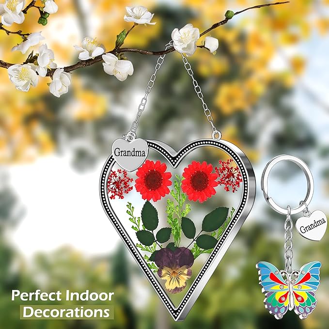 KY&BOSAM Heart Suncatcher for Windows Hangings Grandma Gift Stained Glass Butterfly Suncatcher Pressed Flower Between Heart in Glass Metal Engraved Charm Gift for Women Mother's Day Birthday Christmas