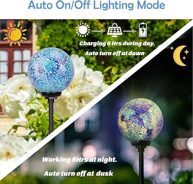 Afirst Solar Lights Outdoor Decorative Mosaic Gazing Ball Garden Stakes Decorative Lights Waterproof Glass Ball LED Pathway Stake Light for Pathway Yard Lawn Decoration Blue