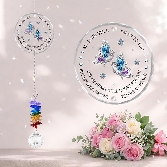 Glass Suncatcher Ornament - Memorial Gift for Loss of Loved One - My Mind Still Talks to You - Bereavement Keepsake - Crystal Rainbow Maker - Mother's Day for Mom Dad