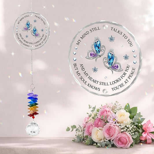 Glass Suncatcher Ornament - Memorial Gift for Loss of Loved One - My Mind Still Talks to You - Bereavement Keepsake - Crystal Rainbow Maker - Mother's Day for Mom Dad