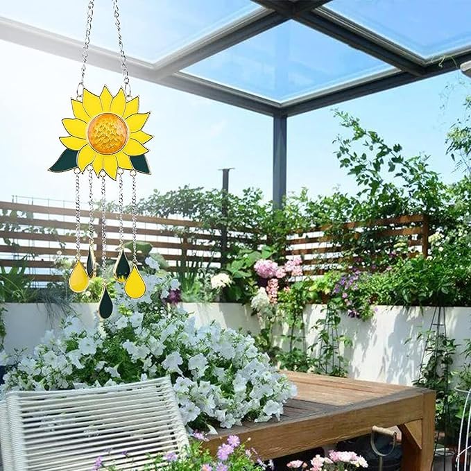 Sunflower Wind Chimes Ornaments, Stained Glass Dripping Sunflower Pendant Window Hanging Panel Decoration with Chain, Flower Wind Chimes Art Decorations for Garden Patio Decor