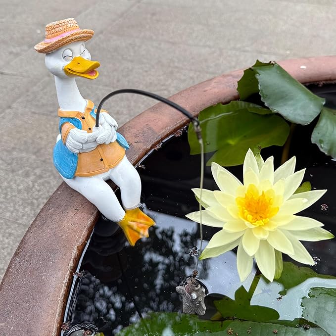 Garden Duck Outdoor Fishing Koi Statue, Goose Statues Decorations for Yard 9.7'' Fishing Duck Sculpture Garden Decor, Fishing Guy for Waterfalls or Koi Pond Decor, Gifts for Women, Mom or Birthdays