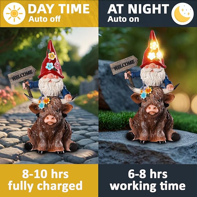 Solar Highland Cow Statue with Gnome Holding Welcome Sign Resin Highland Cow Figurines 9.2" Waterproof for Outdoor Lawn Yard Porch Patio Decor Housewarming Gifts for Women Mom Grandma
