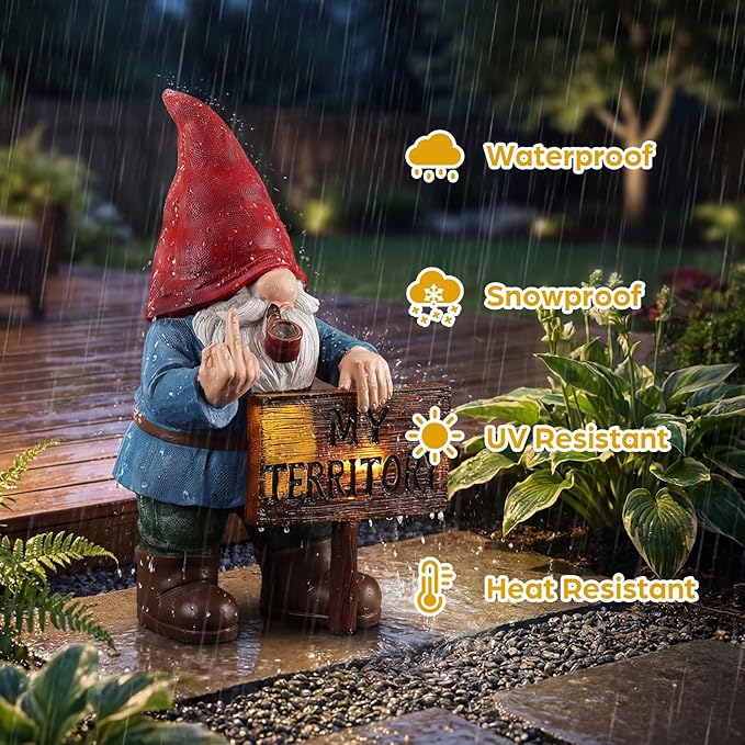 Lavezee Funny Garden Gnome, Middle Finger Gnomes Statue with Solar Lighted Sign – “My Territory” for Patio Backyard Porch Outdoor, Humorous Housewarming Gifts for Men Dad Husband