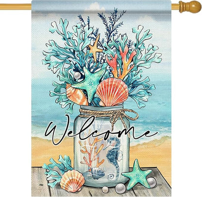 Welcome Summer Mason Jar Decorative House Flag, Beach Coastal Coral Starfish Shell Sea Horse Garden Yard Outside Decorations, Nautical Seasonal Outdoor Large Home Decor Double Sided 28 x 40