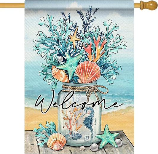 Welcome Summer Mason Jar Decorative House Flag, Beach Coastal Coral Starfish Shell Sea Horse Garden Yard Outside Decorations, Nautical Seasonal Outdoor Large Home Decor Double Sided 28 x 40