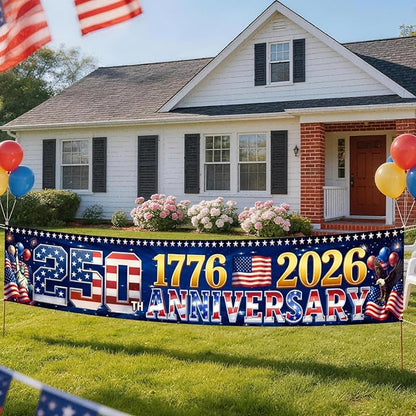 9.8 x 1.6 FT 250th Anniversary Banner, Red White Blue Stars Stripes Design for Independence Day, 1776-2026 250 Years Birthday, Patriotic Outdoor Yard Decor, Fence Banner Home Outside Decorations