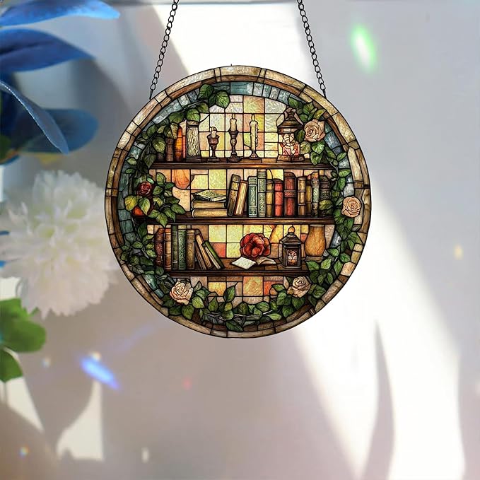 Bimkole Book Stained Glass Suncatcher Window Hanging - Flowers Indoor Window or Doorway Decoration - Handmade Sun Catcher Decor for Garden Home Christmas & Birthday Gifts 7.87x7.87 Inch