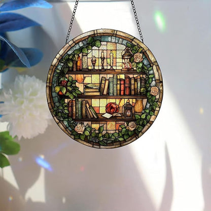 Bimkole Book Stained Glass Suncatcher Window Hanging - Flowers Indoor Window or Doorway Decoration - Handmade Sun Catcher Decor for Garden Home Christmas & Birthday Gifts 7.87x7.87 Inch