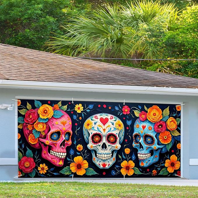 13x6 ft Sugar Skull and Marigolds Garage Door Banner - Mexican Day of the Dead Floral Skull Backdrop, Hanging Garage Decor - for Halloween Dia de los Muertos Party, Cultural Wall Art