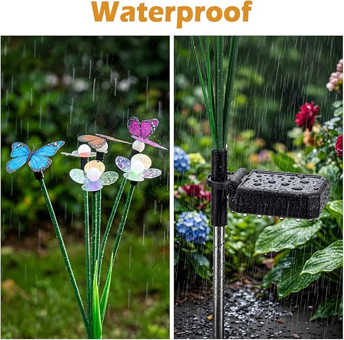 Hoikwo Solar Garden Lights 4 Pack, Swaying Butterfly Flower Stakes Outdoor, Lifelike Butterflies and Flowers with 6 LED Warm Lights, Solar Lights Decor for Yard, Patio, Garden, Pathway