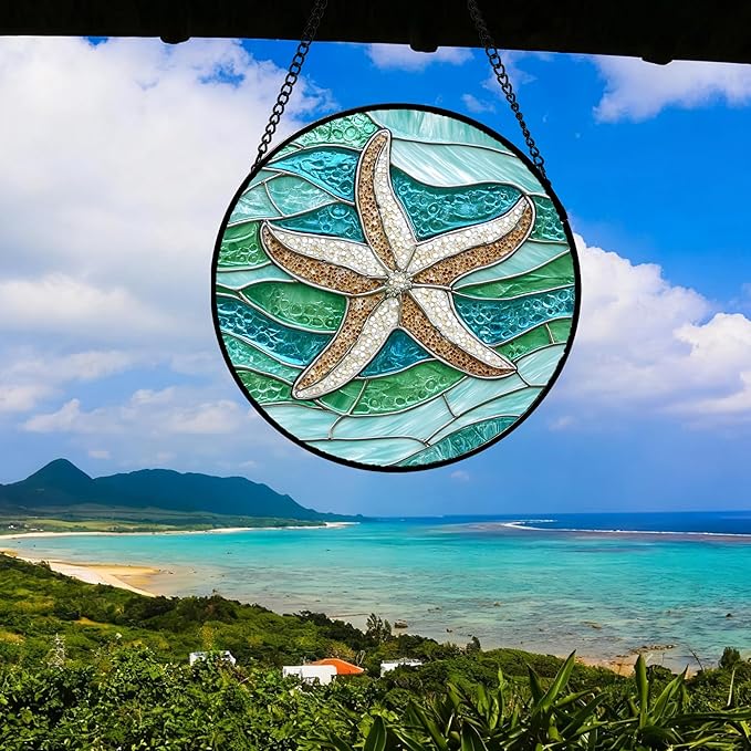 DASTOLL Stained Glass Window Hanging Teal Sea Waves Starfish 7.8" - Suncatcher Door Garden Sun Catcher Home Decor Birthday Mother's Day for Mom Men Woman Parents Her Child Nana