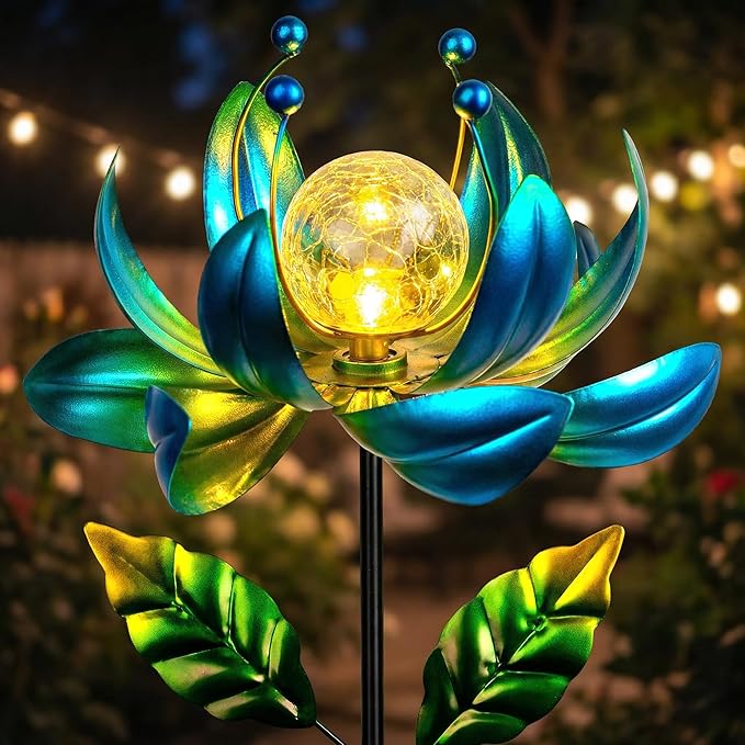 Solar Wind Spinner Outdoor Metal - Kinetic Lotus Flower Garden Sculptures & Spinners with Crackle Glass Lighting, 360° Spinning Yard Art Decor for Patio, Lawn, Pathway, Gifts for Women