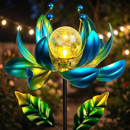 Solar Wind Spinner Outdoor Metal - Kinetic Lotus Flower Garden Sculptures & Spinners with Crackle Glass Lighting, 360° Spinning Yard Art Decor for Patio, Lawn, Pathway, Gifts for Women