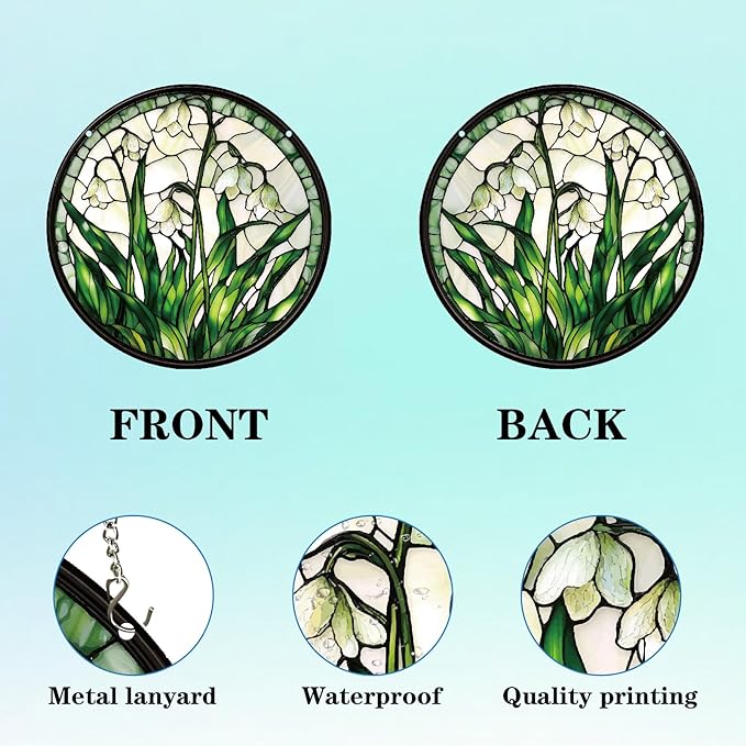 CREATCABIN Lily of The Valley Suncatcher Round Sun Catchers Stained Acrylic Flower Floral Window Wall Art Hanging Decoration with Metal Ball Chain for Living Room Bedroom Home Garden Ornament 9.8 Inch
