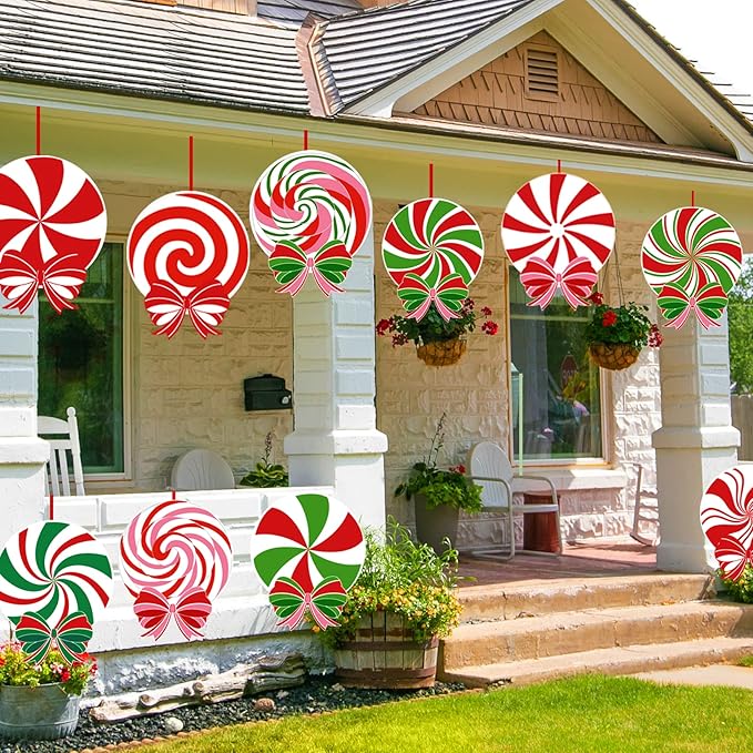 12 PCS Christmas Outdoor Yard Signs Candy Decorations Outdoor Peppermint LED Lights Xmas Yard Stakes Hanging Ornaments Holiday Garden Sign Cardboard Signs for Party Porch Lawn Walkway Decor
