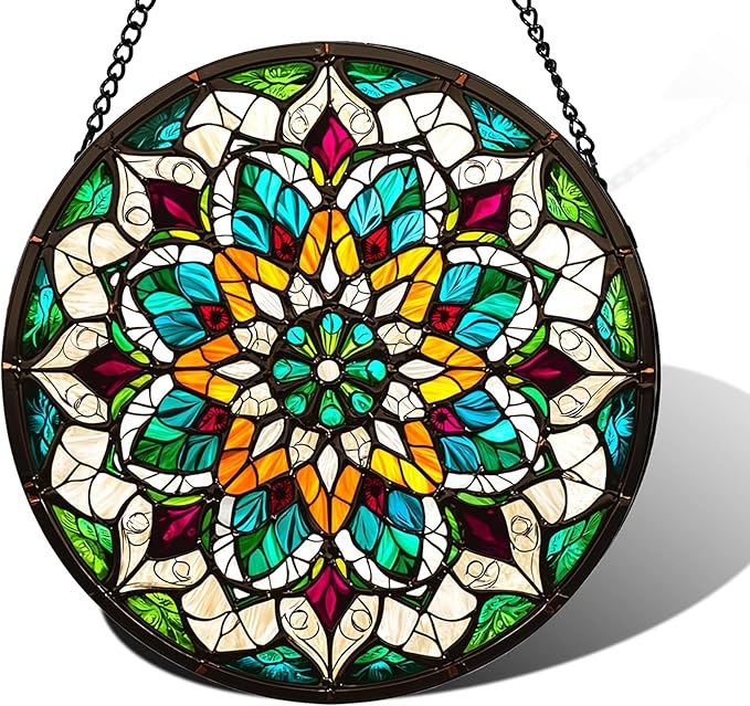 Bohemian Mandala Stained Glass Window Hanging Sun Catcher Indoor Outdoor Home Garden Panel Hangings Gift for Kits Adults (Green)