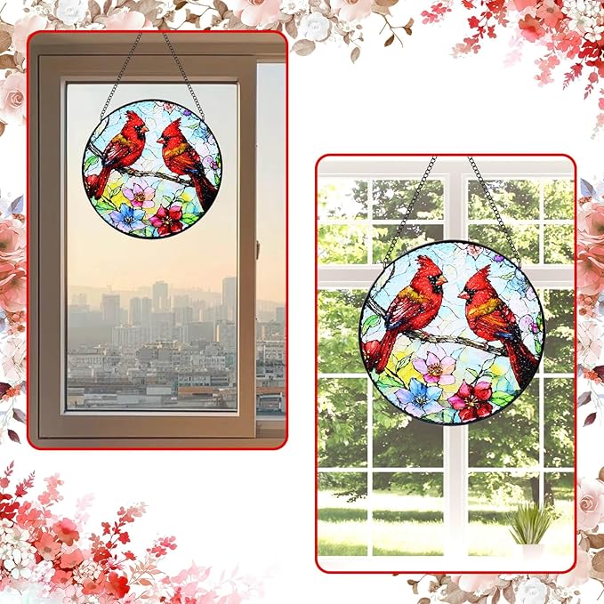 Stained Glass Window Hanging, 8 in Cardinal Sun Catchers, Diamond Glass Panel Landscape Suncatcher for Home Decor - Gift for Bird Lovers Women Mother's Day Christmas