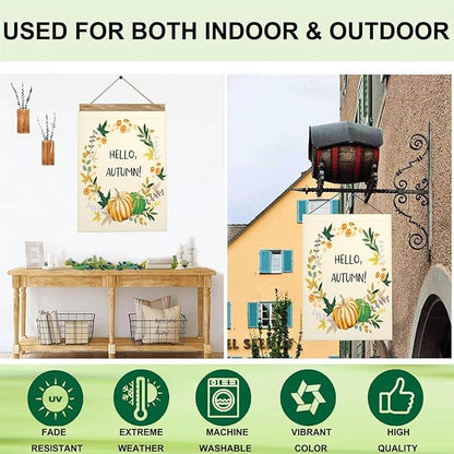 Mugod Hello Autumn Burlap House Flags for Outdoor, Fall Leaves Pumpkin Large Yard Flags 28 x 40 Double Sided Seasonal Decorative Flag for Farmhouse Holiday Decoration