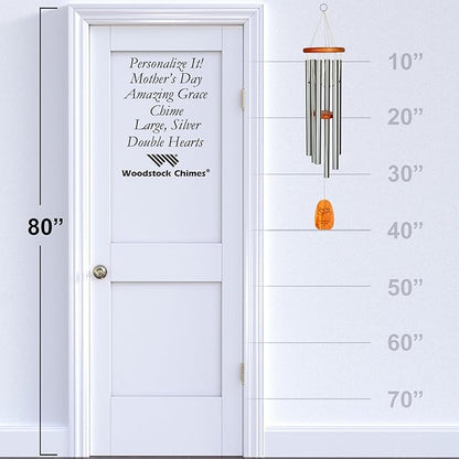 Woodstock Wind Chimes Personalized Amazing Grace Memorial Chime for Outside 40'' Large Silver Customized Double Heart Wind Chime for Outdoor Patio Home Garden Decor & Wedding Gift (P-AGLS15)