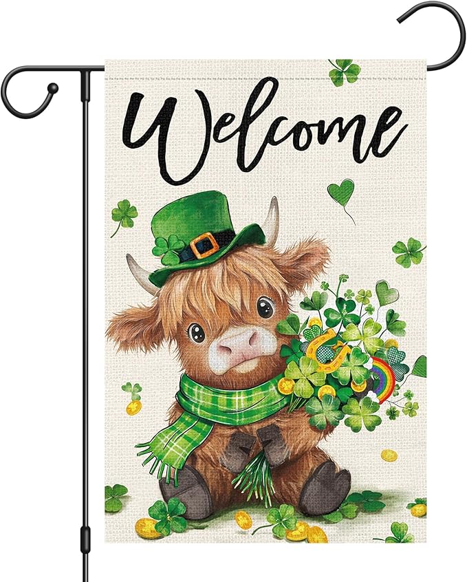Heyfibro Welcome St. Patrick's Day Garden Flag 12x18 Double Sided Burlap, Highland Cow with Shamrock Bouquet & Green Plaid Scarf Yard Flag for Spring Seasonal Irish Farmhouse Outdoor Decor(ONLY FLAG)