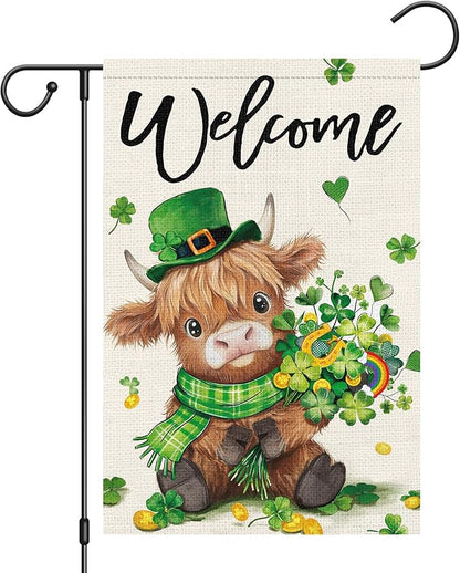 Heyfibro Welcome St. Patrick's Day Garden Flag 12x18 Double Sided Burlap, Highland Cow with Shamrock Bouquet & Green Plaid Scarf Yard Flag for Spring Seasonal Irish Farmhouse Outdoor Decor(ONLY FLAG)