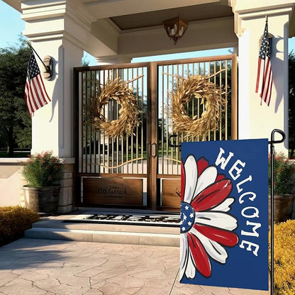 4th of July Garden Flag Patriotic Daisy Double Sided Yard Flag Burlap Welcome Independence Day House Banner Memorial Day Floral America Blue Garden Flags Outdoor Decoration 12x18 Inch