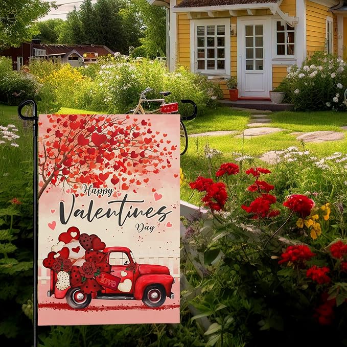 Valentines Garden Flags Red Truck Hearts Tree Yard Garden Flag Burlap 12x18 Inch Double Sided Sweet Love Flags for Outdoor Yard House Decor
