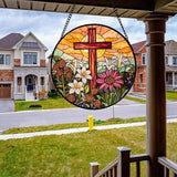 Christian Gifts for Women - Cross Stained Glass Window Hanging Easter Flower Sunset Landscape Sun Catcher Garden Religion Decor Mother's Day Catholic Gift for Men Grandma Mom Her Nana 7.8"