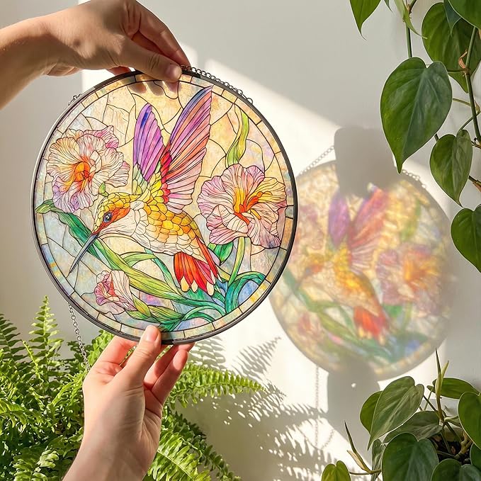 Stained Glass Window Hanging Hummingbird Sun Catcher, Colorful Bird Suncatcher for Window Decor, Handmade Style Hanging Ornament for Home, Garden, Patio Gift