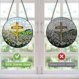 Stained Glass Window Hanging, 8 Inch Stained Glass Cross Wildflowers Suncatcher, Christian Sun Catchers Indoor Window, Flower Cross Religious Home Decor Panel, Easter Faith Christian Gifts for Women