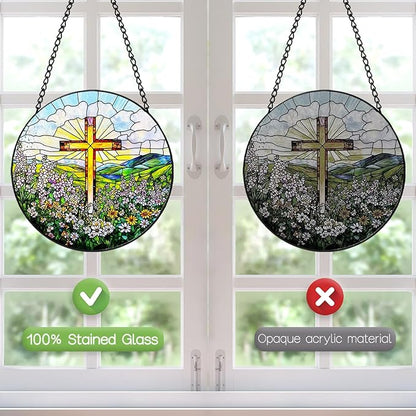 Stained Glass Window Hanging, 8 Inch Stained Glass Cross Wildflowers Suncatcher, Christian Sun Catchers Indoor Window, Flower Cross Religious Home Decor Panel, Easter Faith Christian Gifts for Women