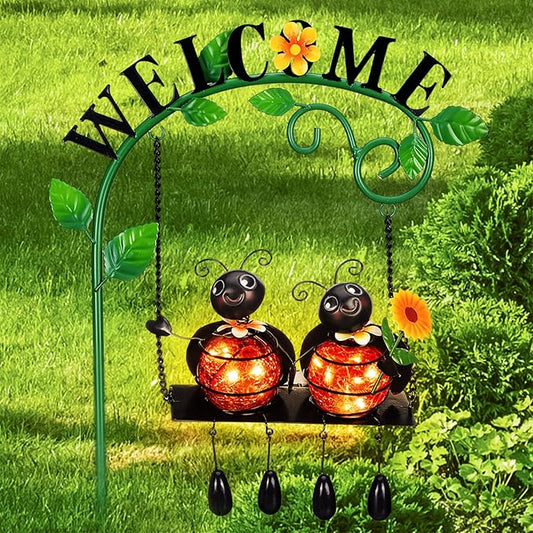 Glooglitter Ladybug Swing Solar Light Metal Summer Ladybug Hanging Animal Lady Bugs Live Garden Decorative Gift with Welcome Sign Waterproof Solar Outdoor Lights for Patio Balcony Pathway Lawn Yard