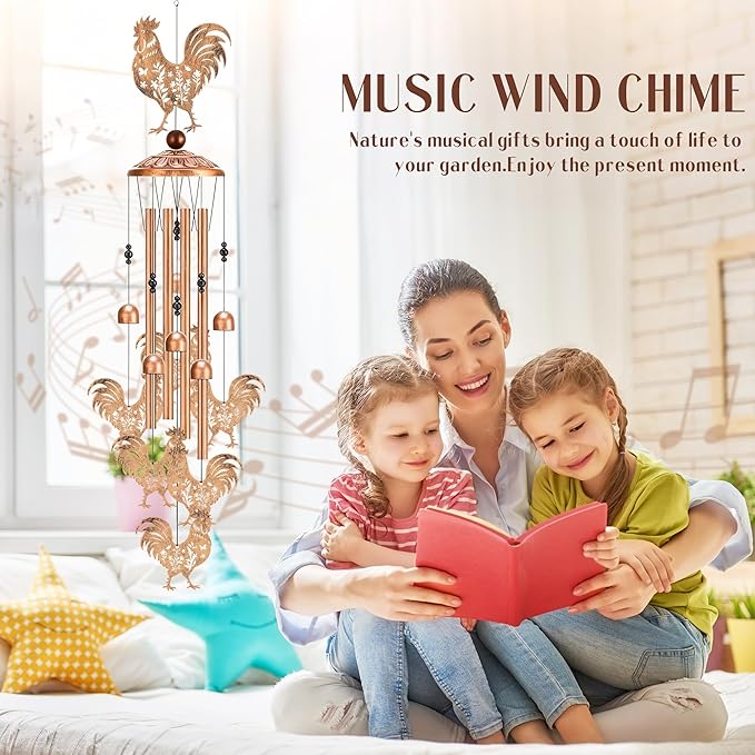Chicken Decor Wind Chimes - Metal Rooster Windchimes Outdoors Decoration Garden Patio Yard Balcony Porch Indoor Home Art Hanging Christmas New Year Birthday Gift for Women Mom Grandma Friend