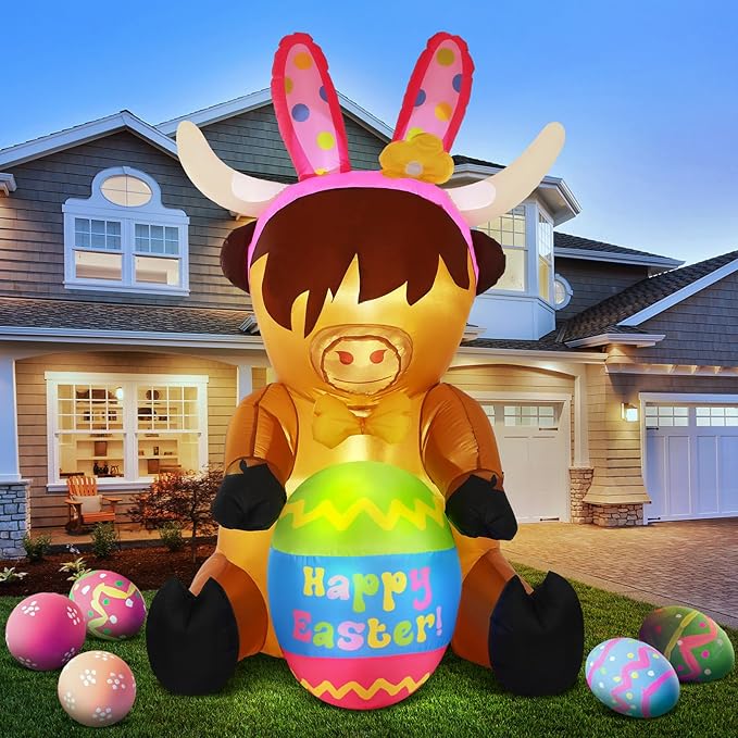 5ft Easter Inflatables Outdoor Decoration Blow up Highland Cow Yard Decor with Built in Light Inflatable Bunny Ears with Egg Weatherproof for Outdoor Holiday Party Yard Garden Lawn