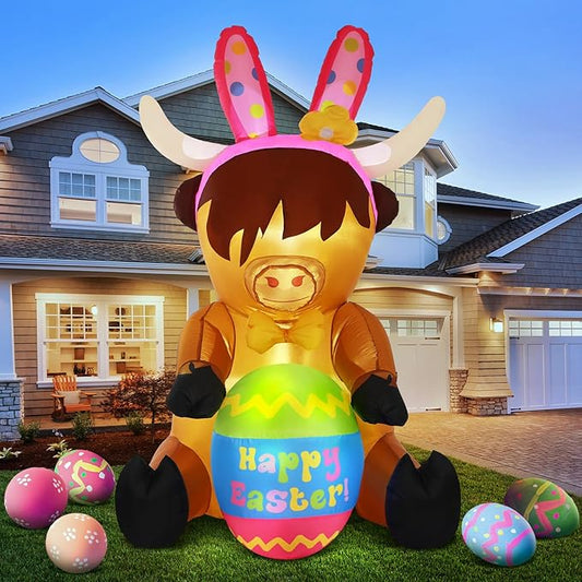 5ft Easter Inflatables Outdoor Decoration Blow up Highland Cow Yard Decor with Built in Light Inflatable Bunny Ears with Egg Weatherproof for Outdoor Holiday Party Yard Garden Lawn