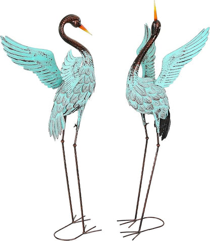 Extra-Large 47.5" Blue Heron Decor, Handcrafted Metal Crane Statue with Stable U-Ground Stakes, Backyard Decoration, Metal Garden Bird Animal Yard Art, Lawn Ornament Decor