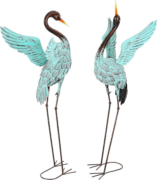 Extra-Large 47.5" Blue Heron Decor, Handcrafted Metal Crane Statue with Stable U-Ground Stakes, Backyard Decoration, Metal Garden Bird Animal Yard Art, Lawn Ornament Decor