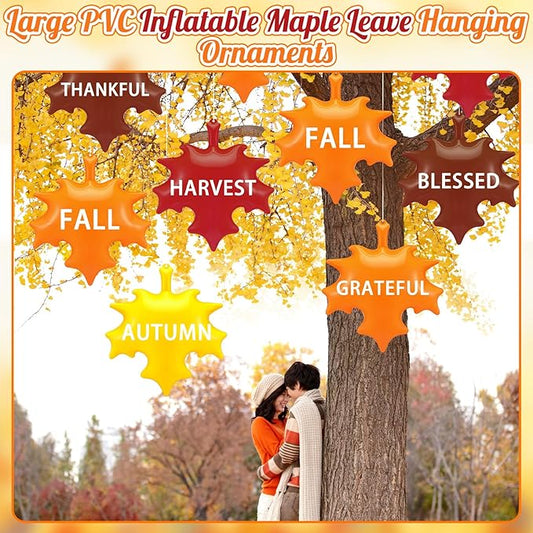 Leyndo 12 Pieces 14 Inch Thanksgiving Fall Inflatable Maple Leaf Outdoor Decorations Autumn Maple Leaf Inflatable Hanging Ornaments Decor Fall Blow up PVC Ornaments for Harvest Party Supplies