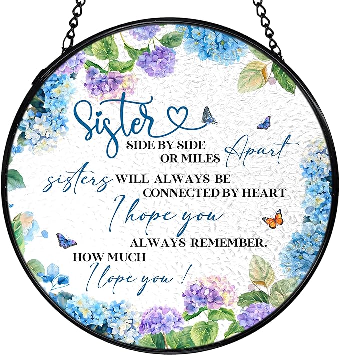 Sisters Gifts, Sister Flower Suncatchers Stained Glass Window Hanging, Sisters Gifts for Christmas Sun Catchers Indoor Window Glass Round Wall Decor, 7.9x7.9in