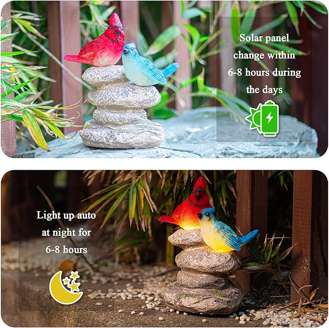 Solar Garden Statues Outdoor Decor, Garden Sculptures Stones Statue Novelty Birds Figurine Decoration for Patio Yard Porch Art Home Decor
