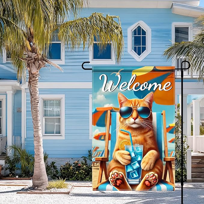 HOMETITUTE Hello Summer Beach Orange Cat Garden Flag 12×18 Inch Double Sided Summer Coastal Seasonal Tropical Pool Yard Flag Summer Cat Garden Flags Tropical Ocean Sea Outside Outdoor House Decoration